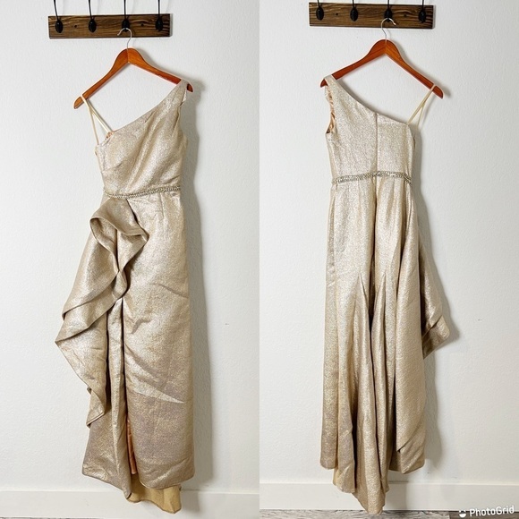 Mac Duggal Asymmetric Metallic Ruffle Gown - Picture 2 of 13